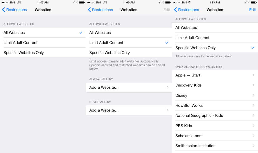 iOS Website Restrictions Settings