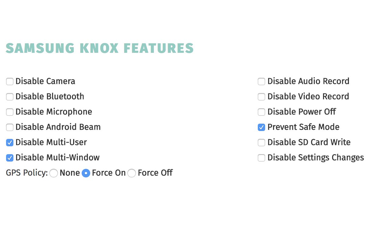 Samsung Knox web dashboard options